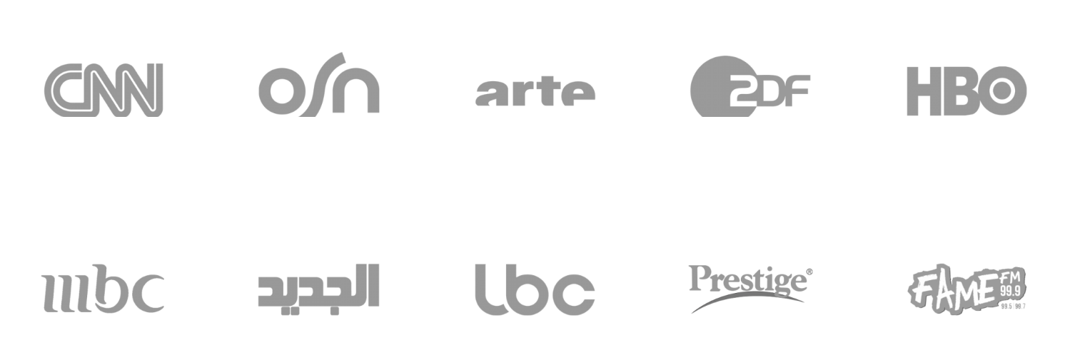 Media logos: CNN, OSN, arte, ZDF, HBO, MBC, Al Jadeed, LBC, Prestige and Fame FM